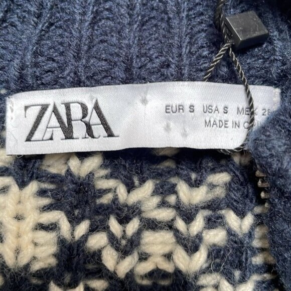 Zara Cable Knit Jacquard Cardigan Wool Ecru Blue Zip Up Jacket Small S New - Picture 6 of 7